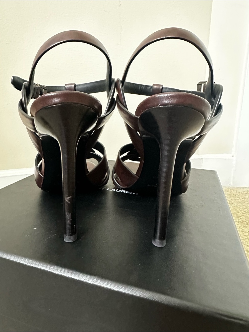 Authentic Saint Laurent Tribute T-Strap Leather Sandals Heels Brown Size 37 - Picture 6 of 13